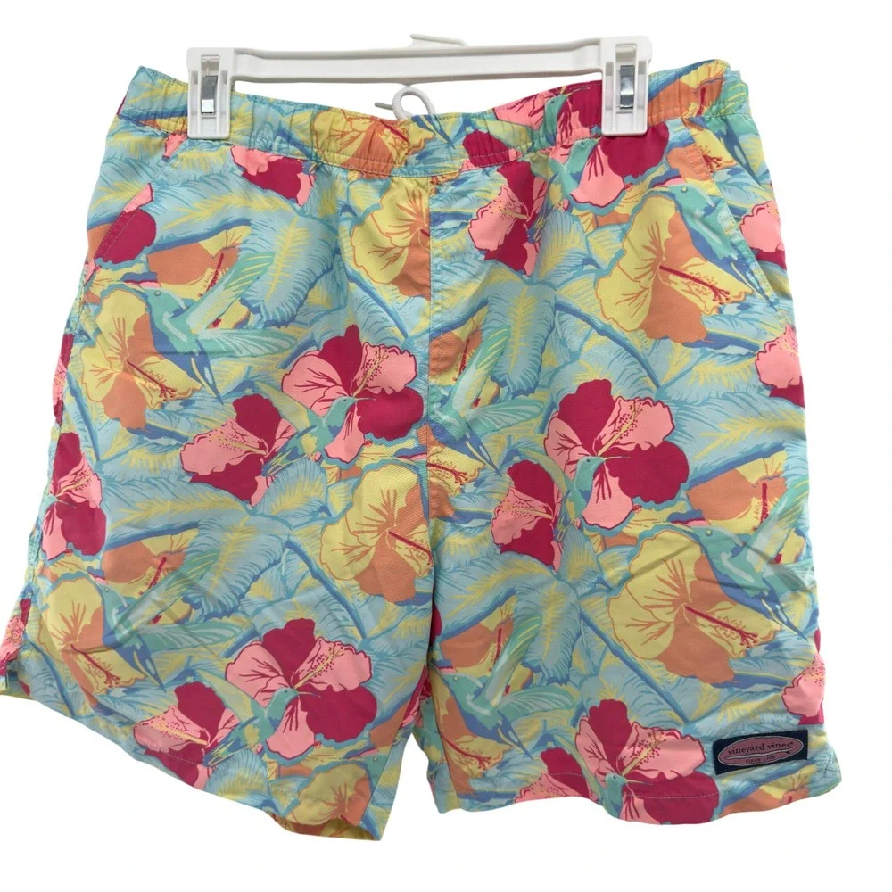 Vineyard Vines Mens Chappy Swim Trunks Hibiscus Hummingbird Pink Blue Medium